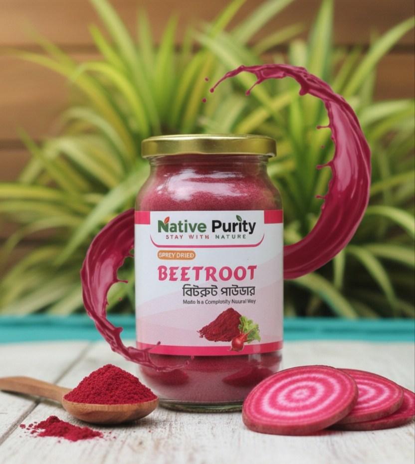Native Purity Premium Spray Dried Beetroot Powder bottle for health and stamina